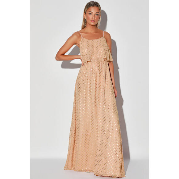 Lulus I'm Yours Blush And Gold Polka Dot Sleeveless Maxi Dress Pink - Size Small - Picture 1 of 3